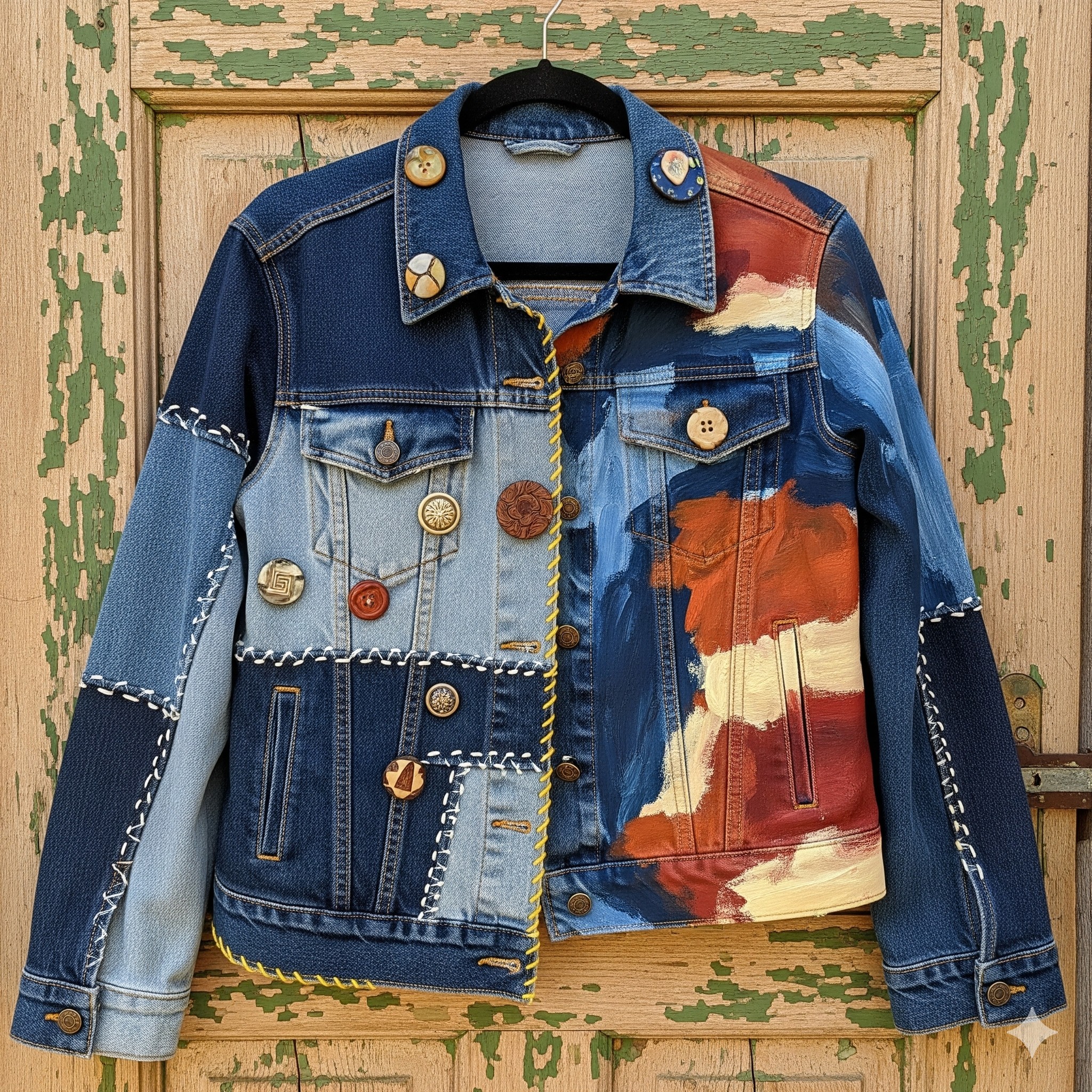 Denim chess jacket with hand-embroidered pieces