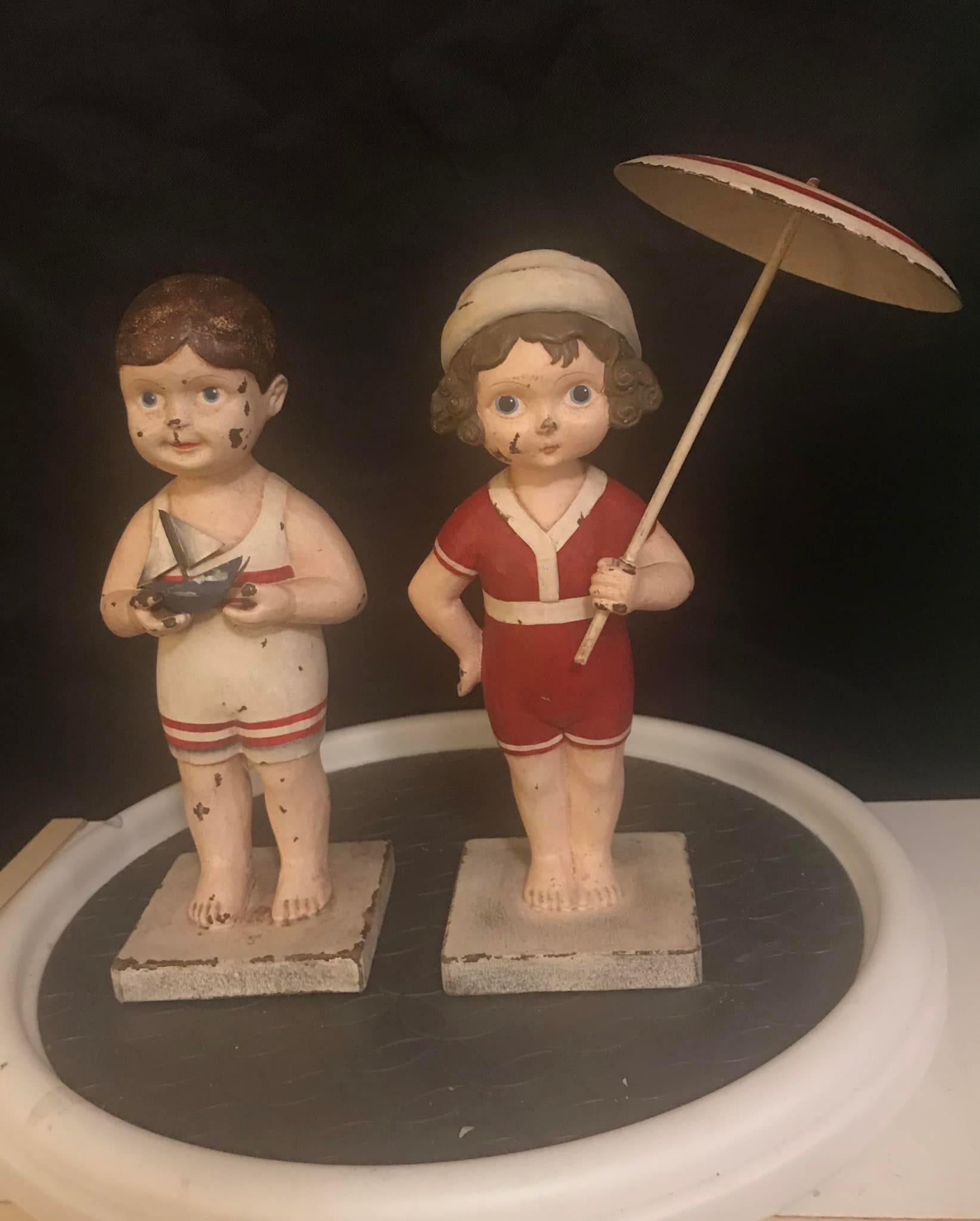 Vintage Bisque boy and girl shelf-sitter figurine, made to sit