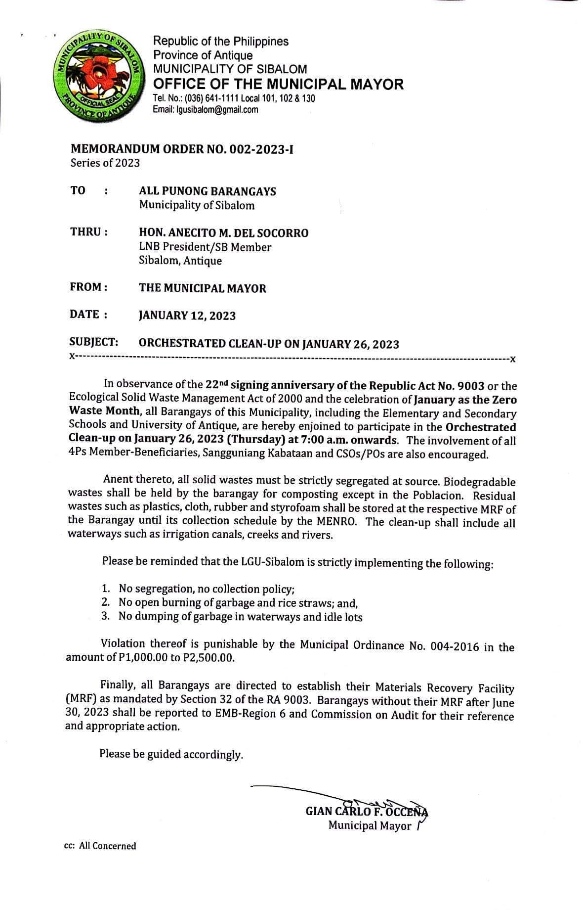 MEMORANDUM ORDER NO. 002-2023-I... - Municipality of Sibalom
