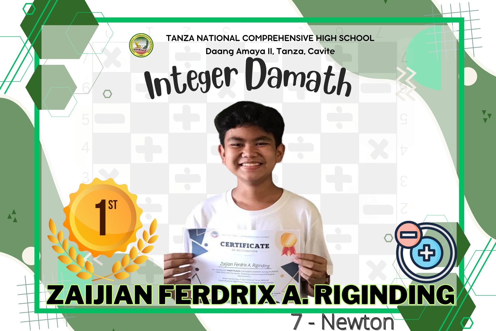 TNCHS-Mathinik - Congratulations Integer Damath Top 3...
