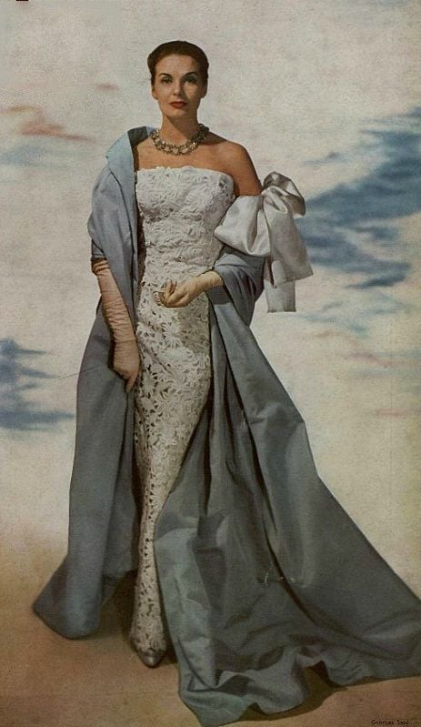 balenciaga grey dress 1950 Lace evening with a coat model:emily