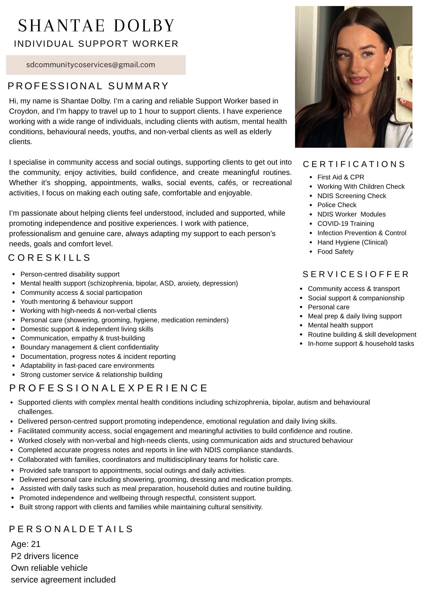 Experienced support worker Shantae Dolby offers services for disabilit