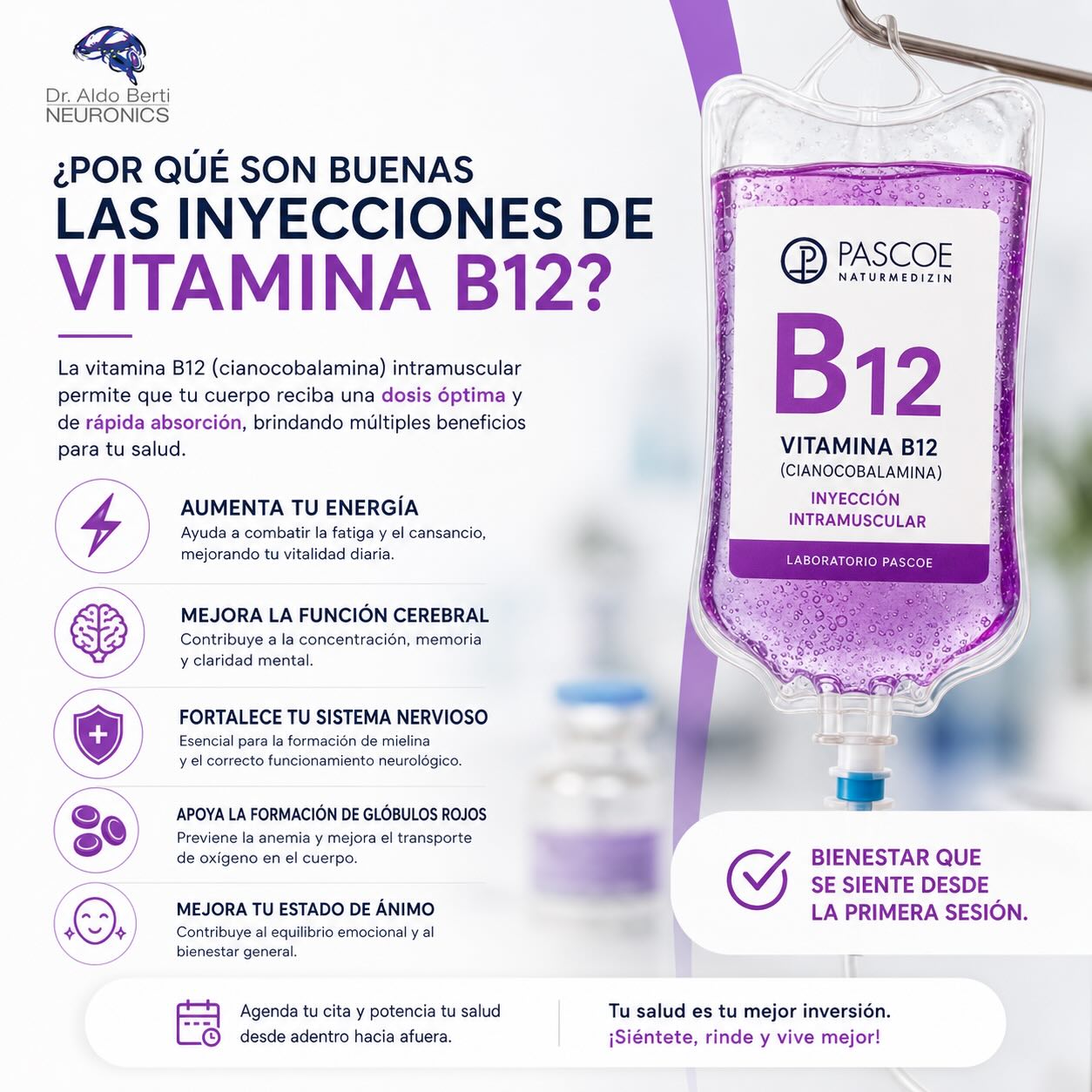 Recupera tu energía y bienestar con las inyecciones de Vitamina B12. La vitamina B12 es fundamental para el correcto funcionamiento del sistema nervioso, la formación de glóbulos rojos y el mantenimiento de