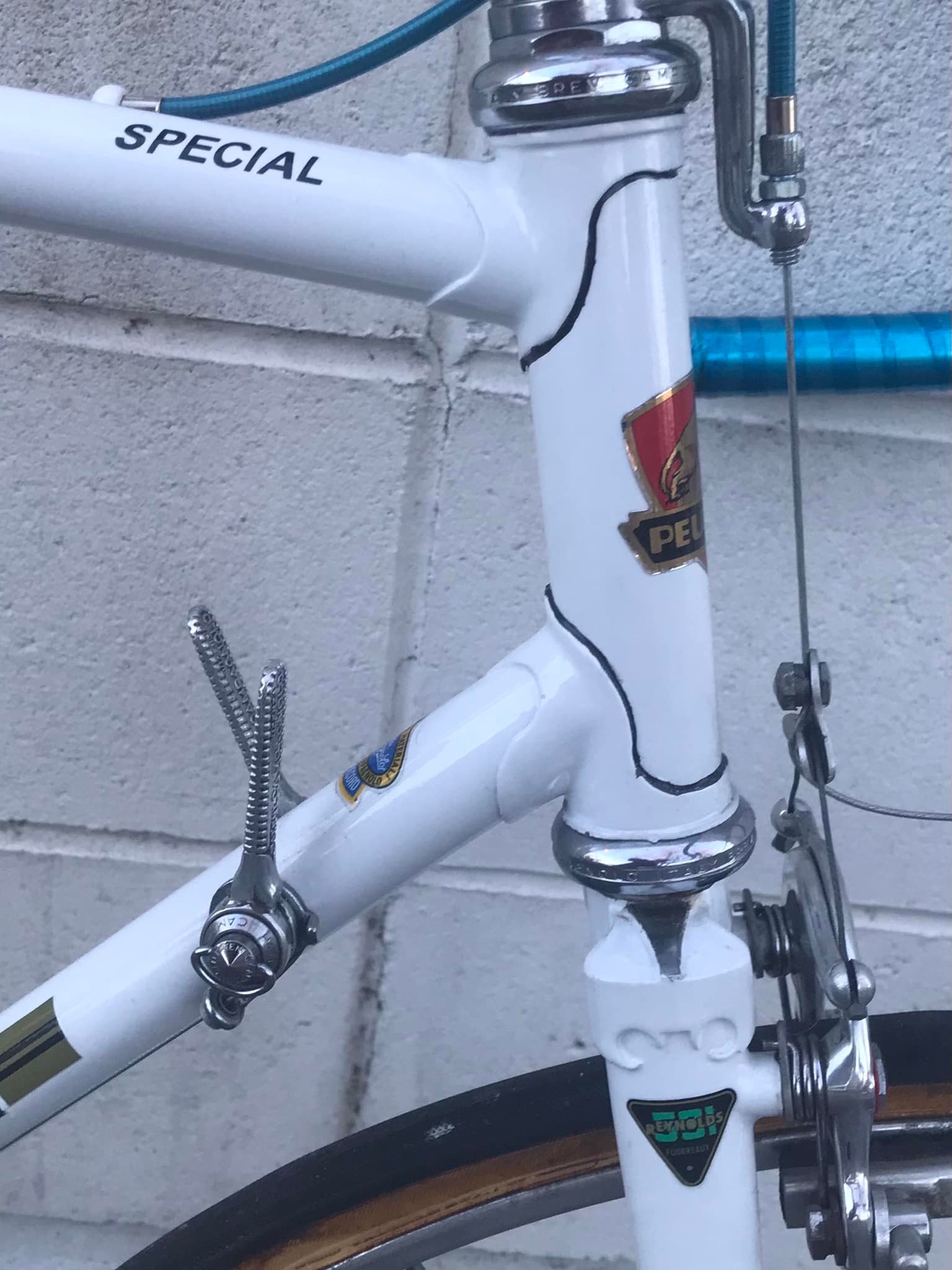 Custom Peugeot bike with Campagnolo components and Mafac brakes