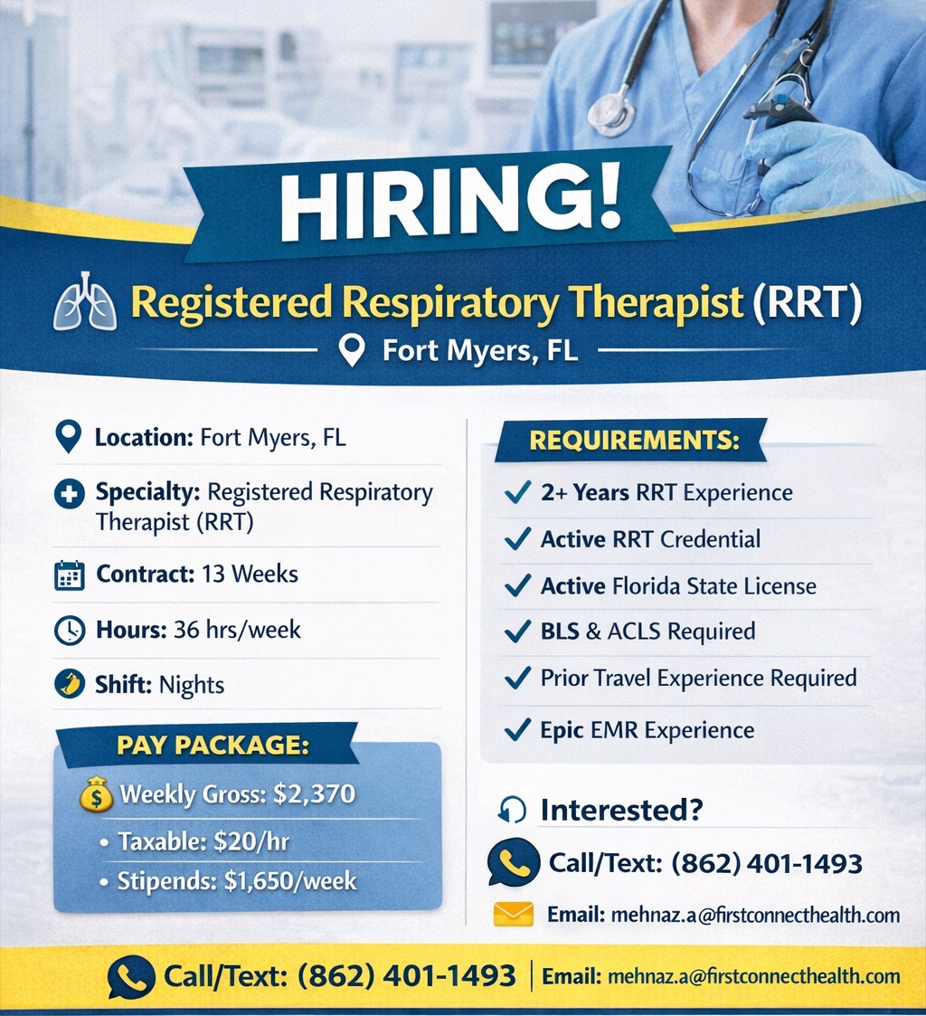 RNs, LPNs, CNAs, Respiratory therapist(RRT), Tech & Allied etc ...