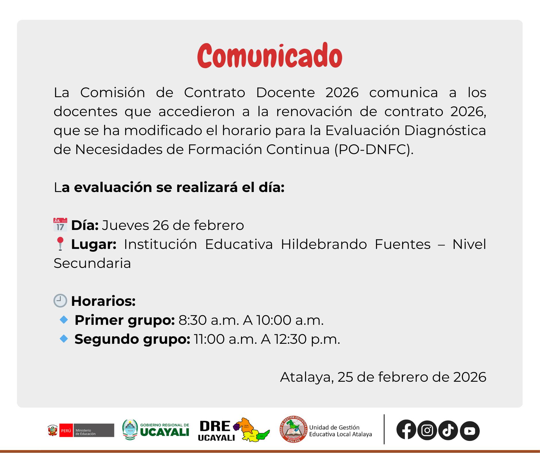 Ugel Atalaya - 📢 𝗖𝗢𝗠𝗨𝗡𝗜𝗖𝗔𝗗𝗢 – 𝗠𝗢𝗗𝗜𝗙𝗜𝗖𝗔𝗖𝗜Ó𝗡 𝗗𝗘 𝗛𝗢𝗥𝗔𝗥𝗜𝗢 𝗣𝗔𝗥𝗔... | Facebook