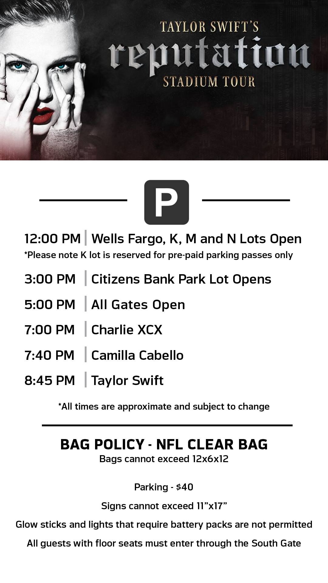🚨 Small clutches and Clear bags will be allowed at the Taylor