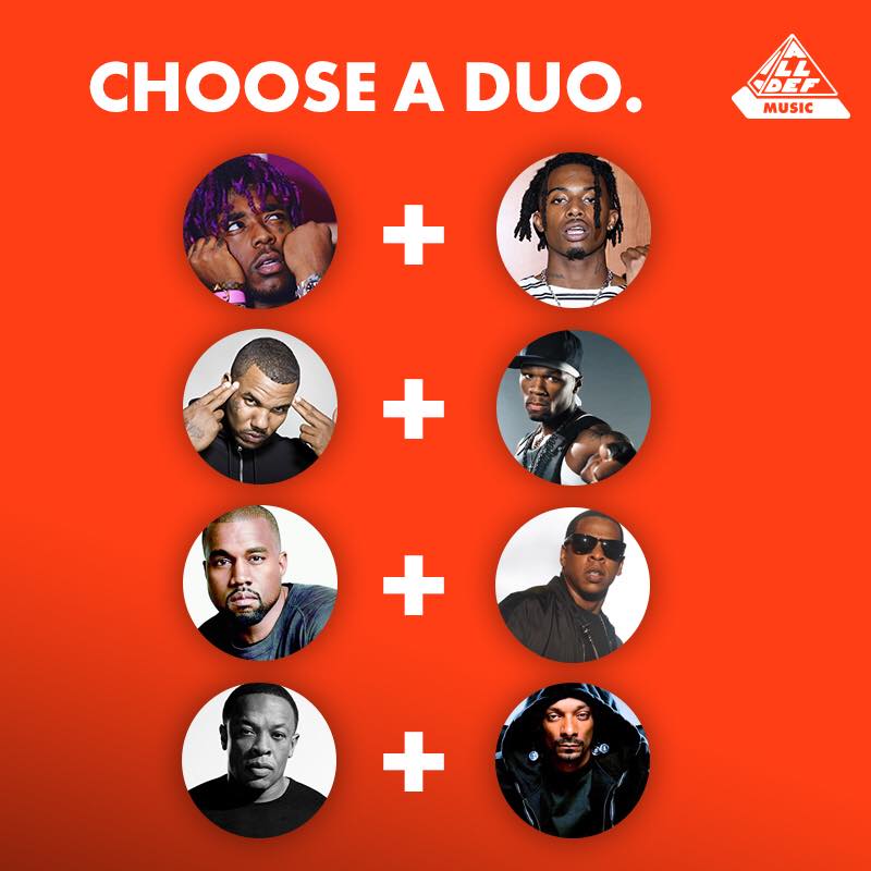 1. Lil Uzi Vert x Playboi Carti 2. The Game x 50 Cent 3. Kanye
