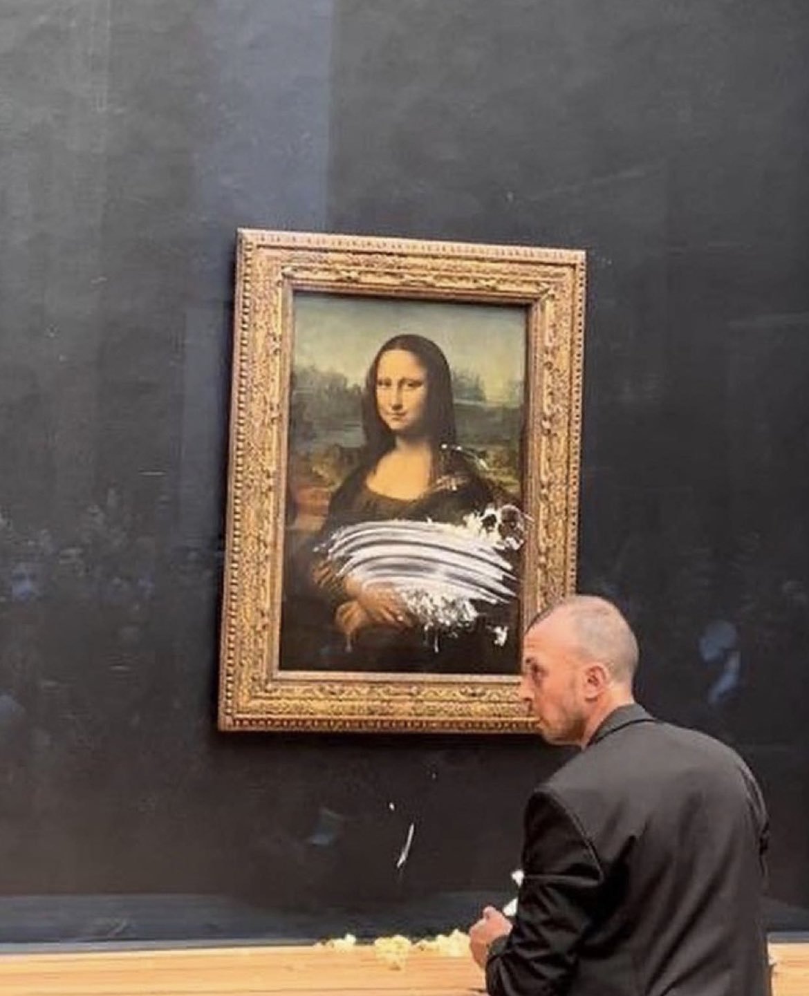 man dressed as old lady throws cake at mona lisa A seemingly disguised an woman in a wheelchair threw a piece of the in the Louvre Museum in Paris priority-05-midsummer-lace-round-neck-gown-champagne