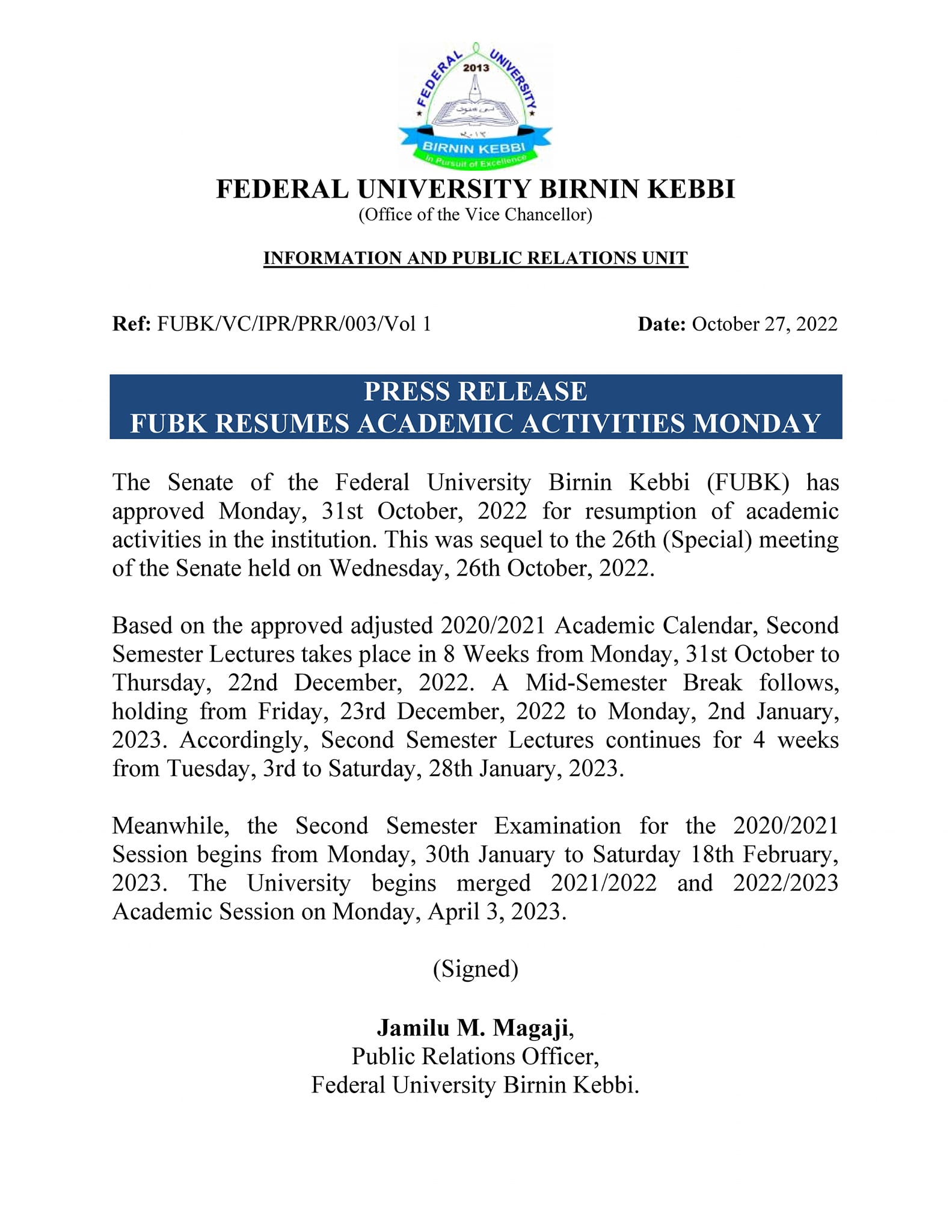 Federal - FEDERAL UNIVERSITY BIRNIN KEBBI (PRESS RELEASE) FUBK RESUMES ...