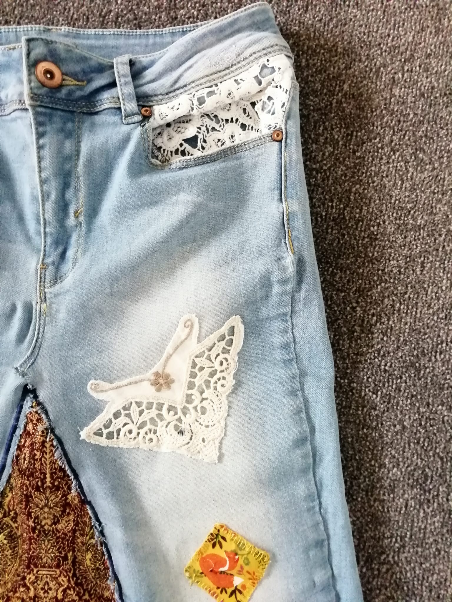 Up-cycled long skirt with appliques and sashiko embroidery