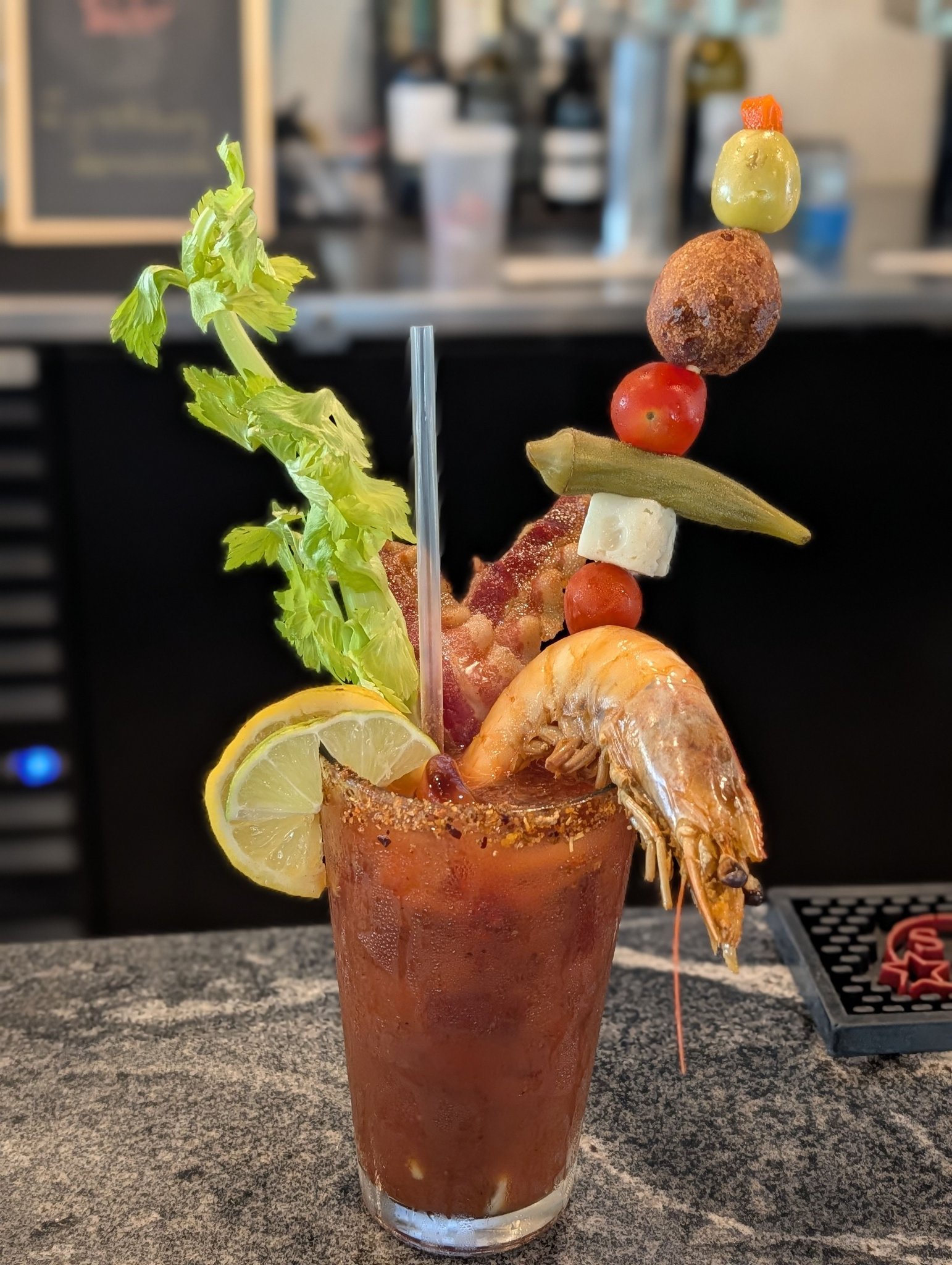 SJB Bloody Mary with Gulf shrimp and bacon at Tallahassee bar