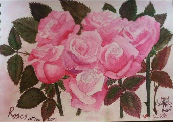 Myanmar watercolor roses by Khin Moe Pwint