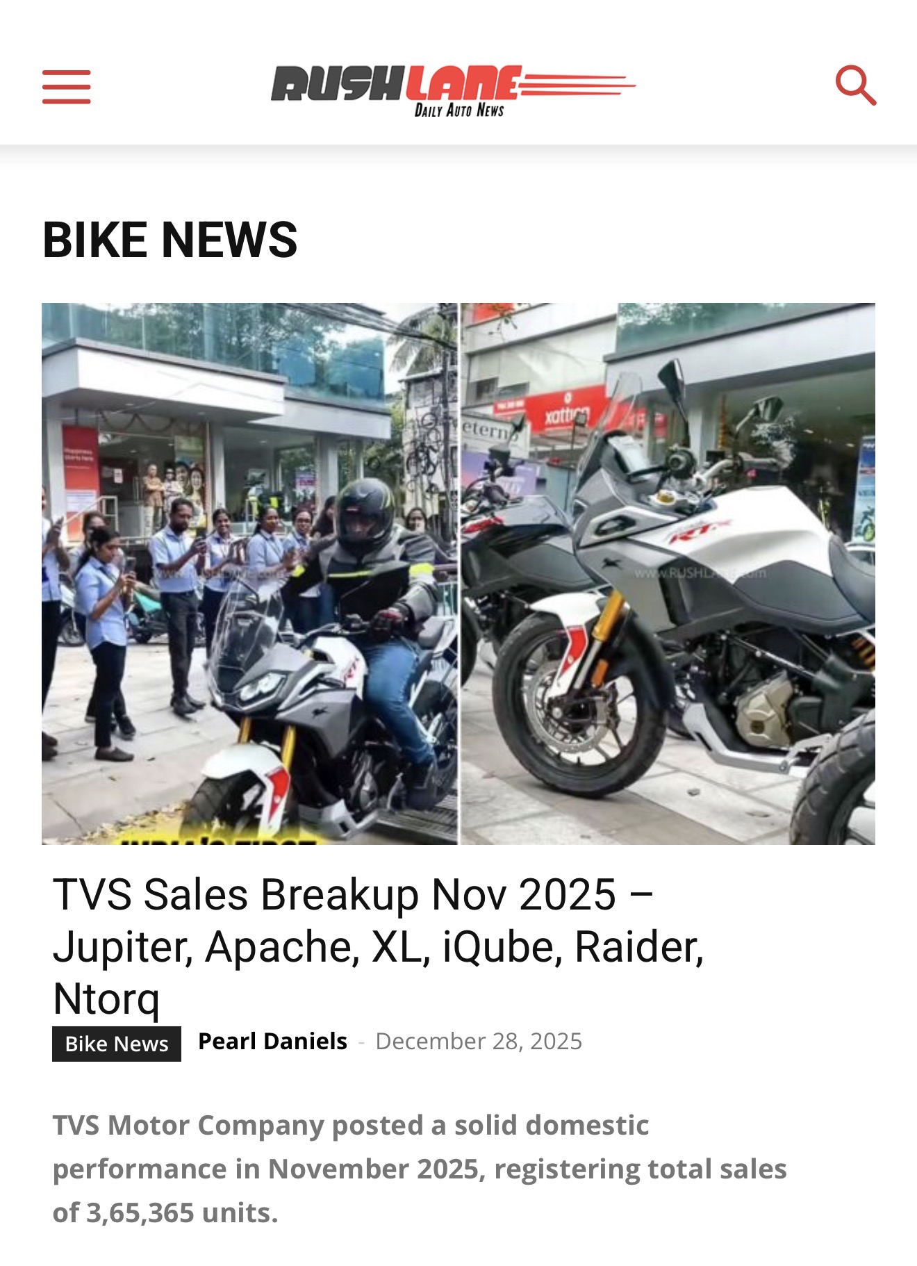 TVS Sales Breakup May 2025 - Jupiter, Apache, XL, Raider, iQube, Ntorq