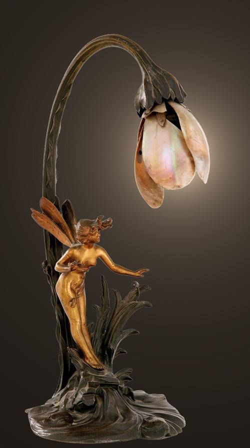 Bronze Art Nouveau lamp with a semi nude lady holding two flowers