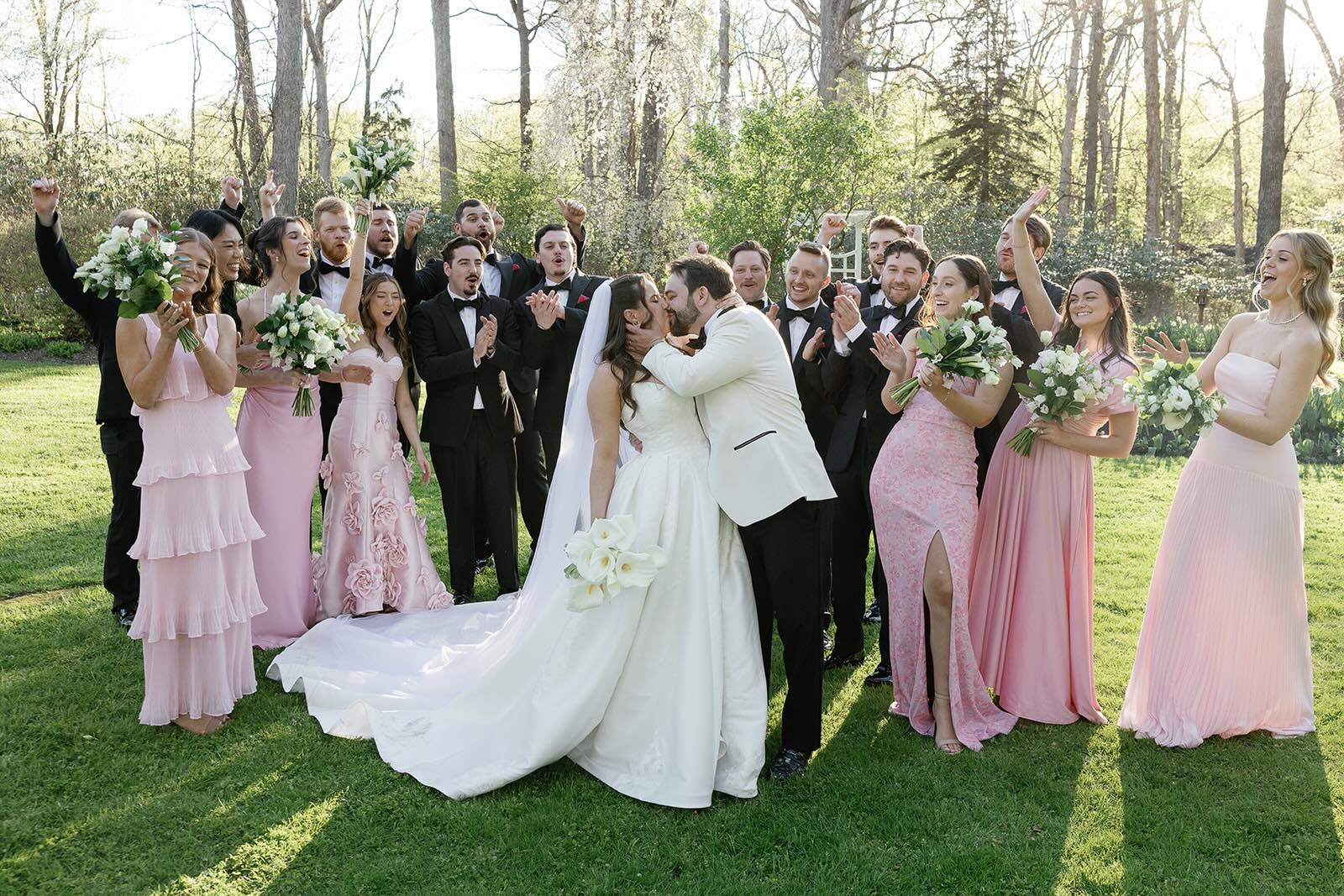 bridesmaid dresses charlottesville va Pretty in pink! 🩷 Virginia Wedding Photographer & Super 8 Video Angel Wings Planning Blush Floral Design Studio Such a fun wedding party! MB-Invisible Daniella Halterneck Gown | Color:Blue/Gold
