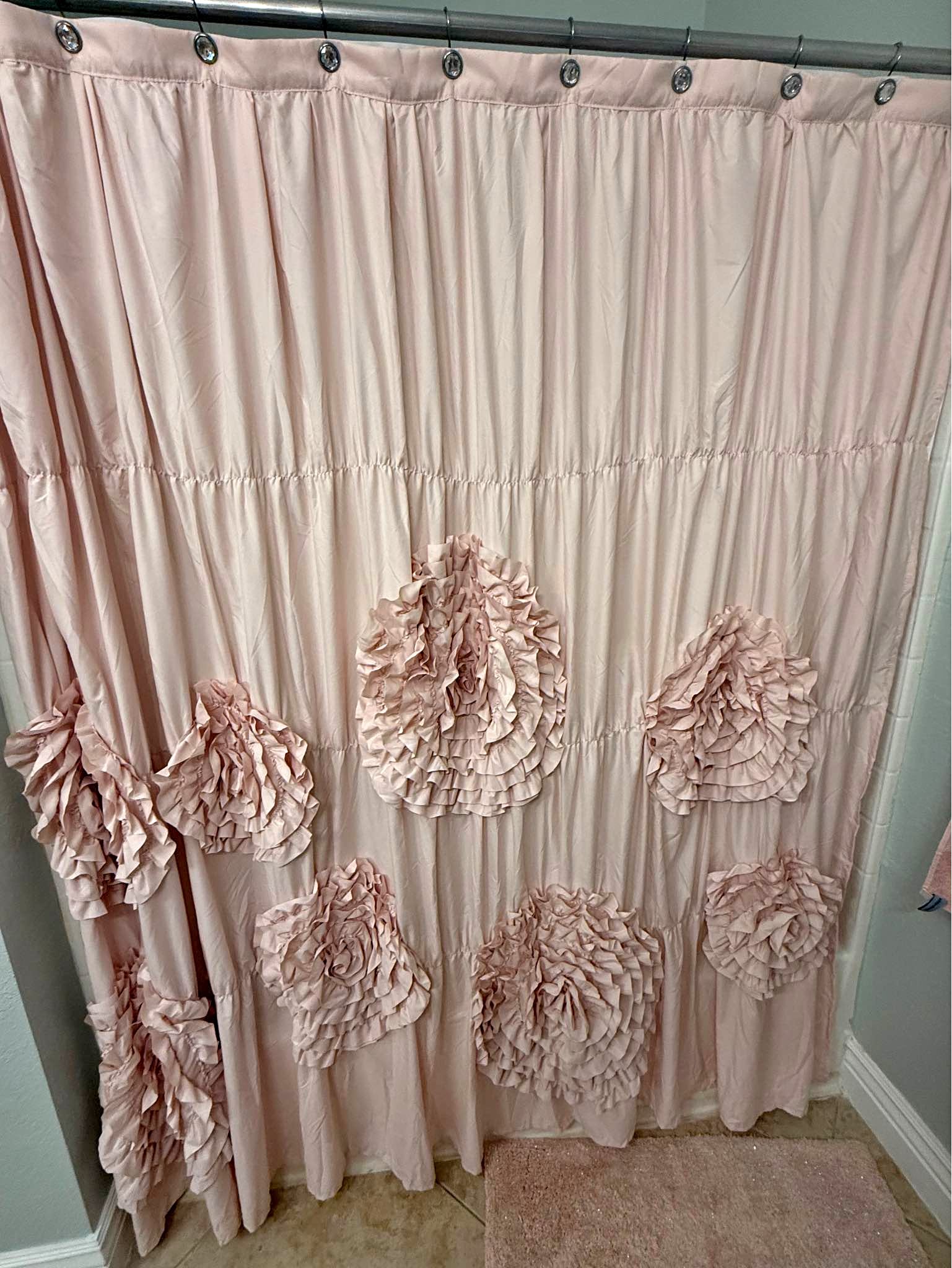 Blush Pink Ruffle Shower Curtain – Shabby Chic / Boho Bathroom Decor