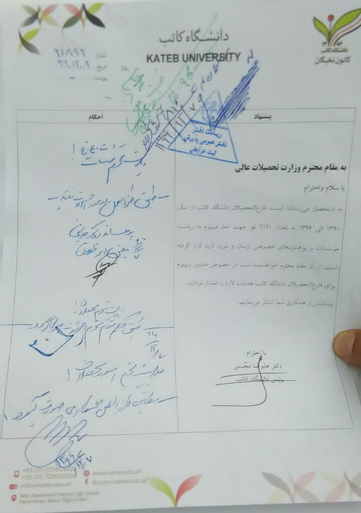 Kateb - دیپلوم رسمی و دولتی برای فارغ التحصیلان پوهنتون کاتب لیست فارغ ...