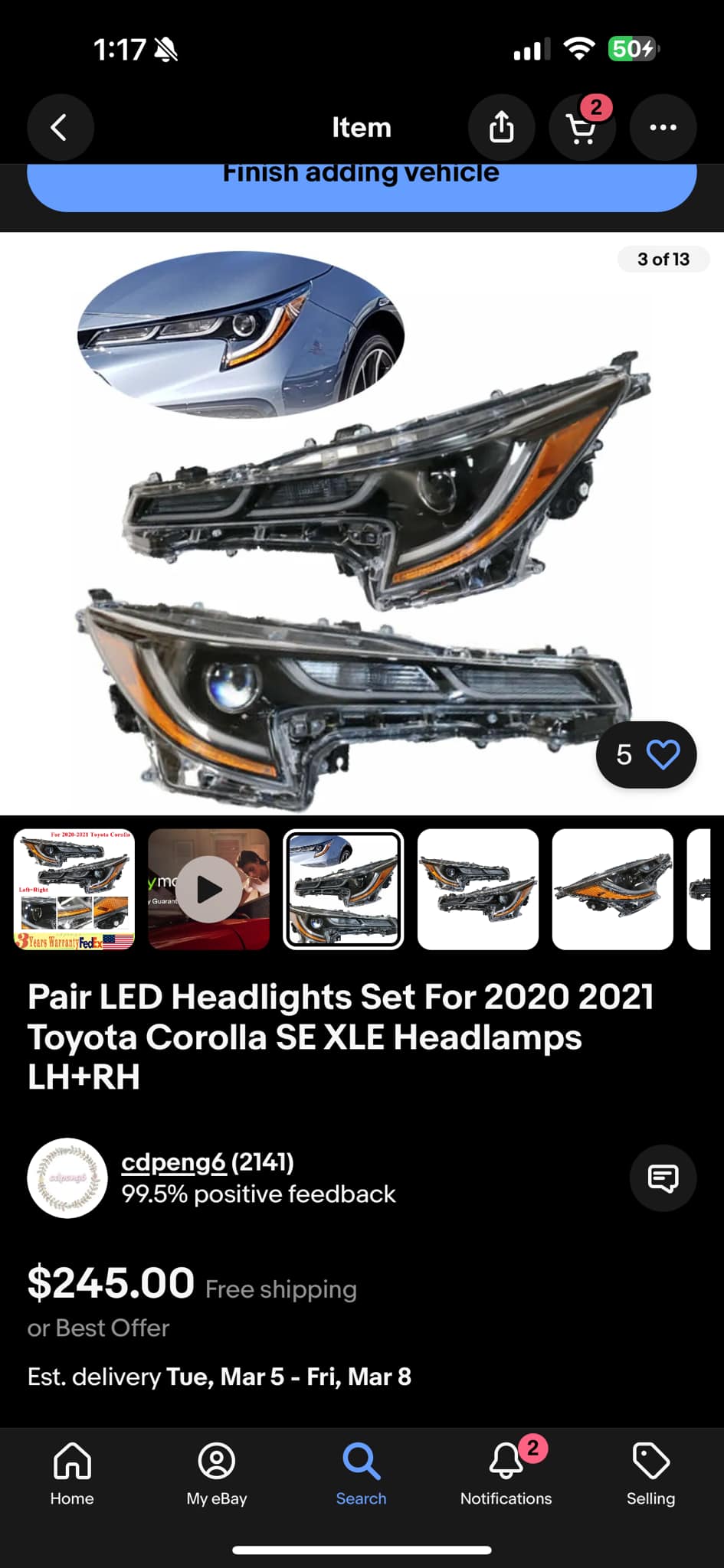 Passenger Side LED Headlight For 2020-2021 Toyota Corolla (SE, XLE, XSE) – Black Housing
