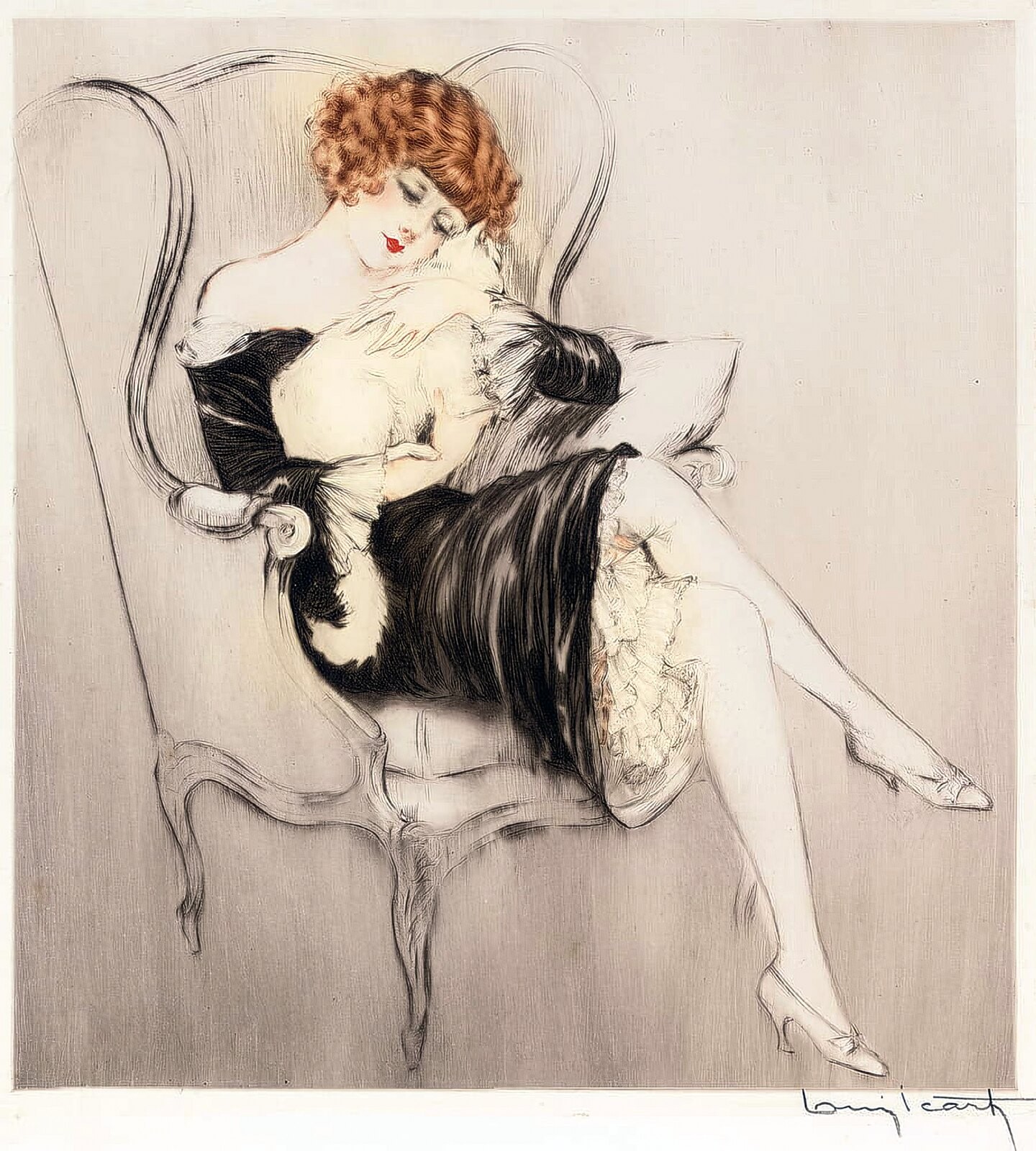 Woman with Black Cat by Louis Icart , 1926
