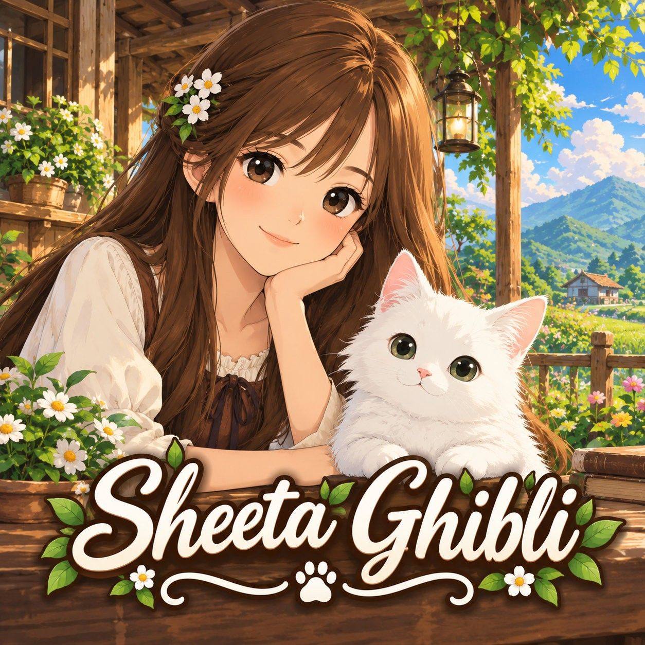 gentle kind expression, standing outside a cozy rustic wooden cottage ...