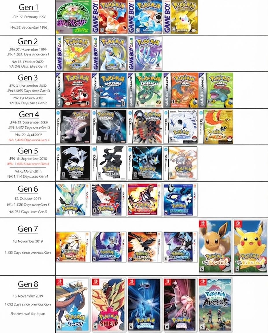 POKÉMON MAIN SERIES GAMES TIMELINE — Gen 1 to Gen 8* 📅 This chart