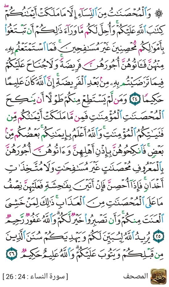 القران والسنه تفسير سورة النساء من الاية ٢٤ ٢٦ و ال م ح ص ن ت م ن الن س آء إ ل ا م ا م ل ك ت أ ي م ن ك م ك ت ب الل ه ع ل ي ك م و أ ح ل ل ك م م ا و ر آء ذ ل ك م أ ن ت ب ت غ وا