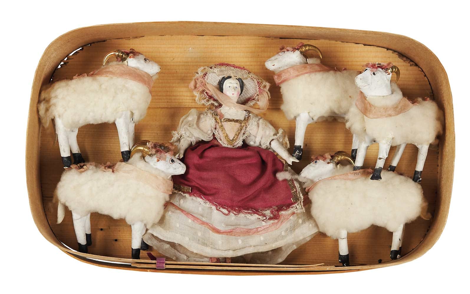 Antique German wooden doll with sheep, circa 1850