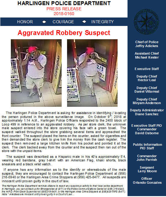 Harlingen Police Department - Aggravated Robbery Suspect The Harlingen ...