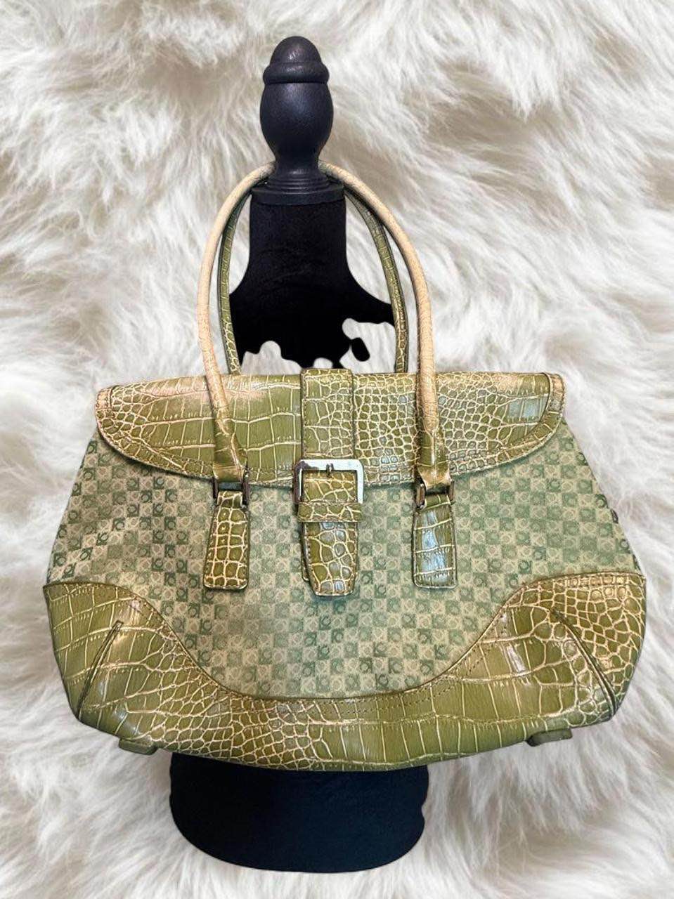 Y2K 2000s Vintage Green snake print bag with mirror attachment