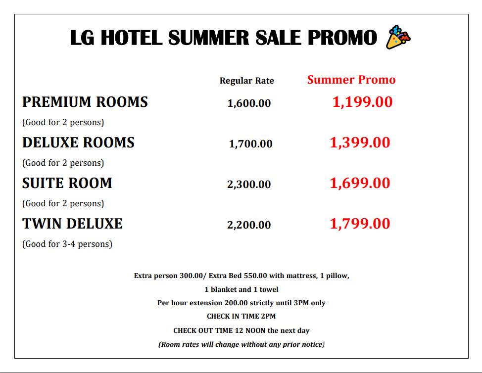 LG HOTEL - 𝙇𝙂 𝙃𝙊𝙏𝙀𝙇 𝙎𝙐𝙈𝙈𝙀𝙍 𝙋𝙍𝙊𝙈𝙊 𝙎𝘼𝙇𝙀 🥳🎉 Avail our promo... | Facebook
