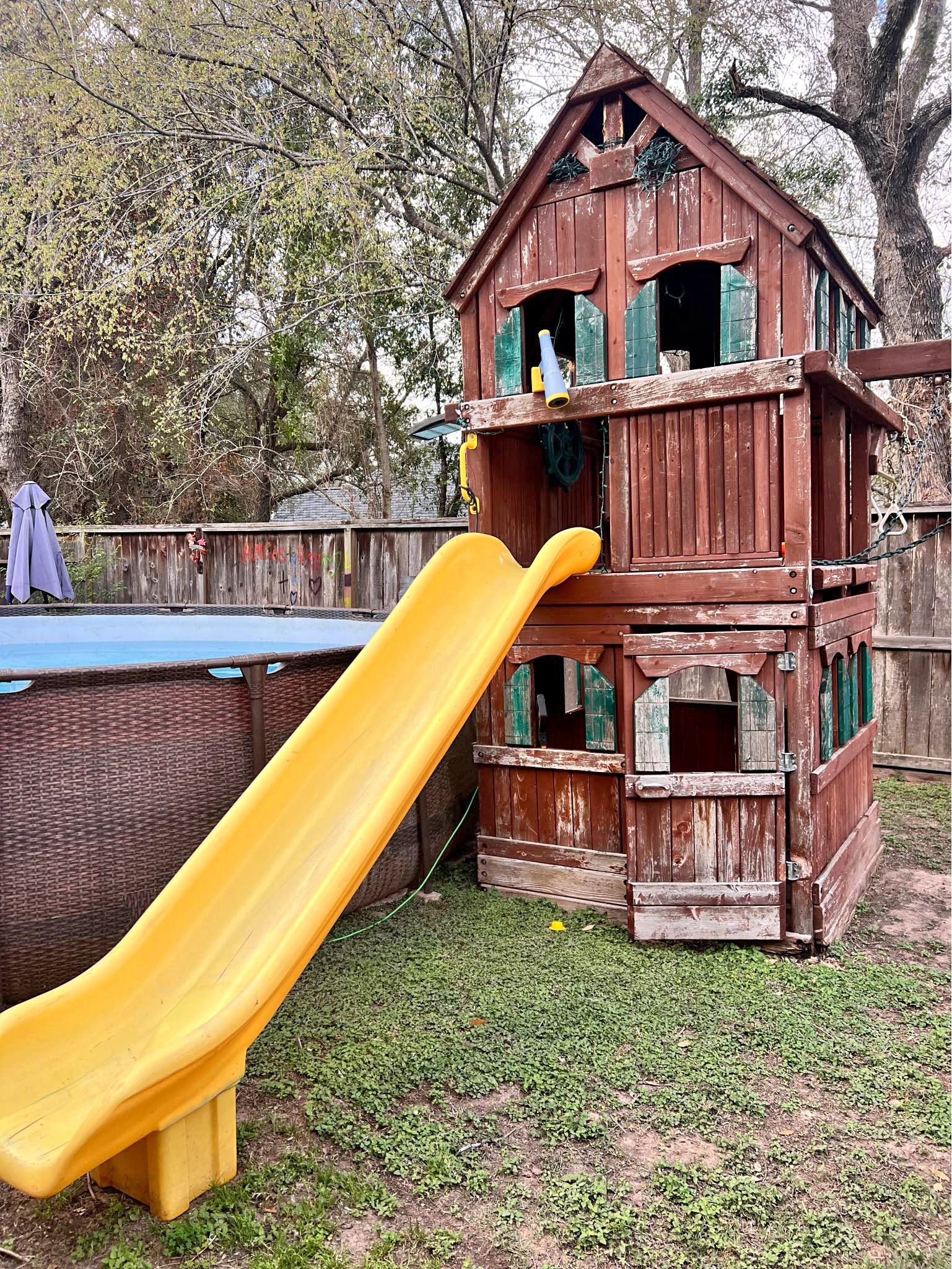 Cedar Wooden Kids Playset / Playground Fort – Slide, Swings, Rock ...