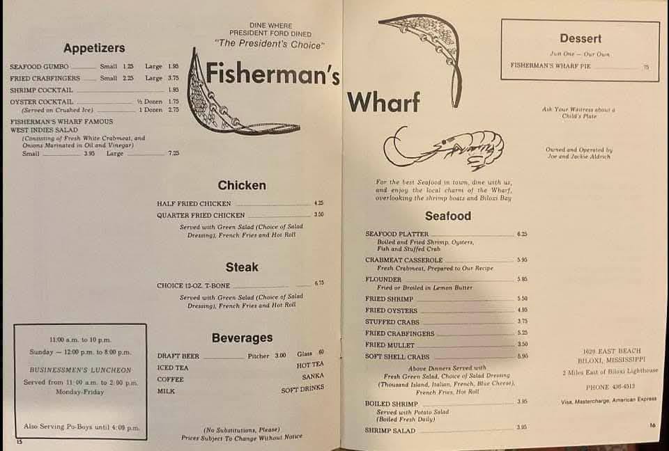 Fisherman's wharf in biloxi menu 1977