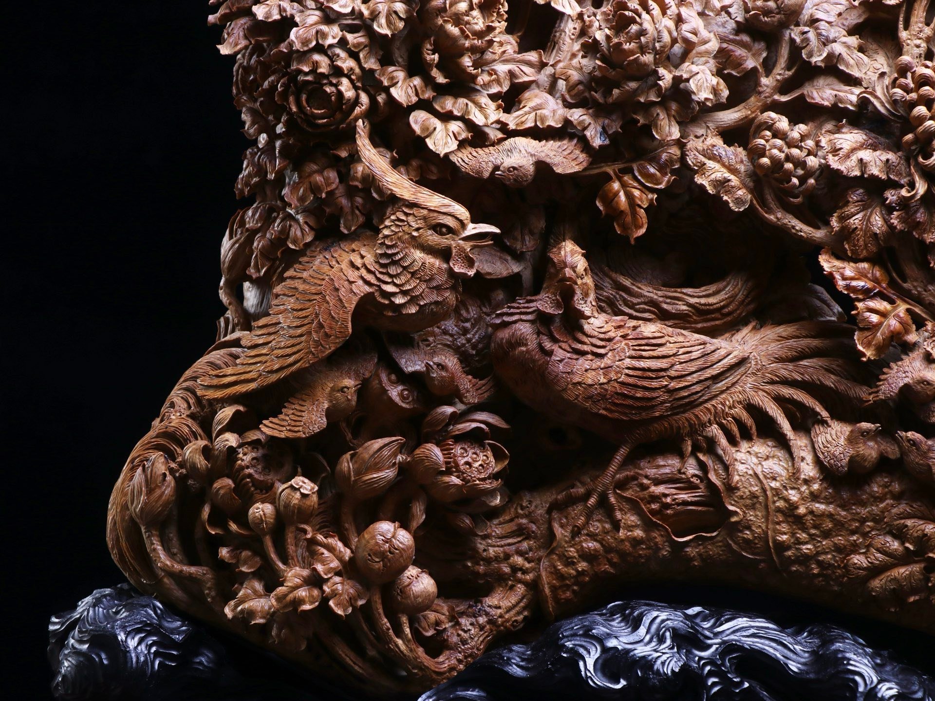 檀香花鸟·锦华映月】印度老山檀香精雕摆件，双雀鸣枝寓“锦上添花