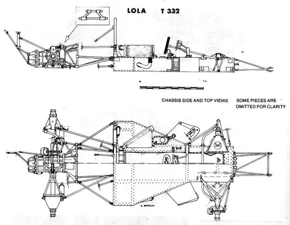 primotipo.com - Lola T332 Chassis layout. Rear suspension is wrong tho ...