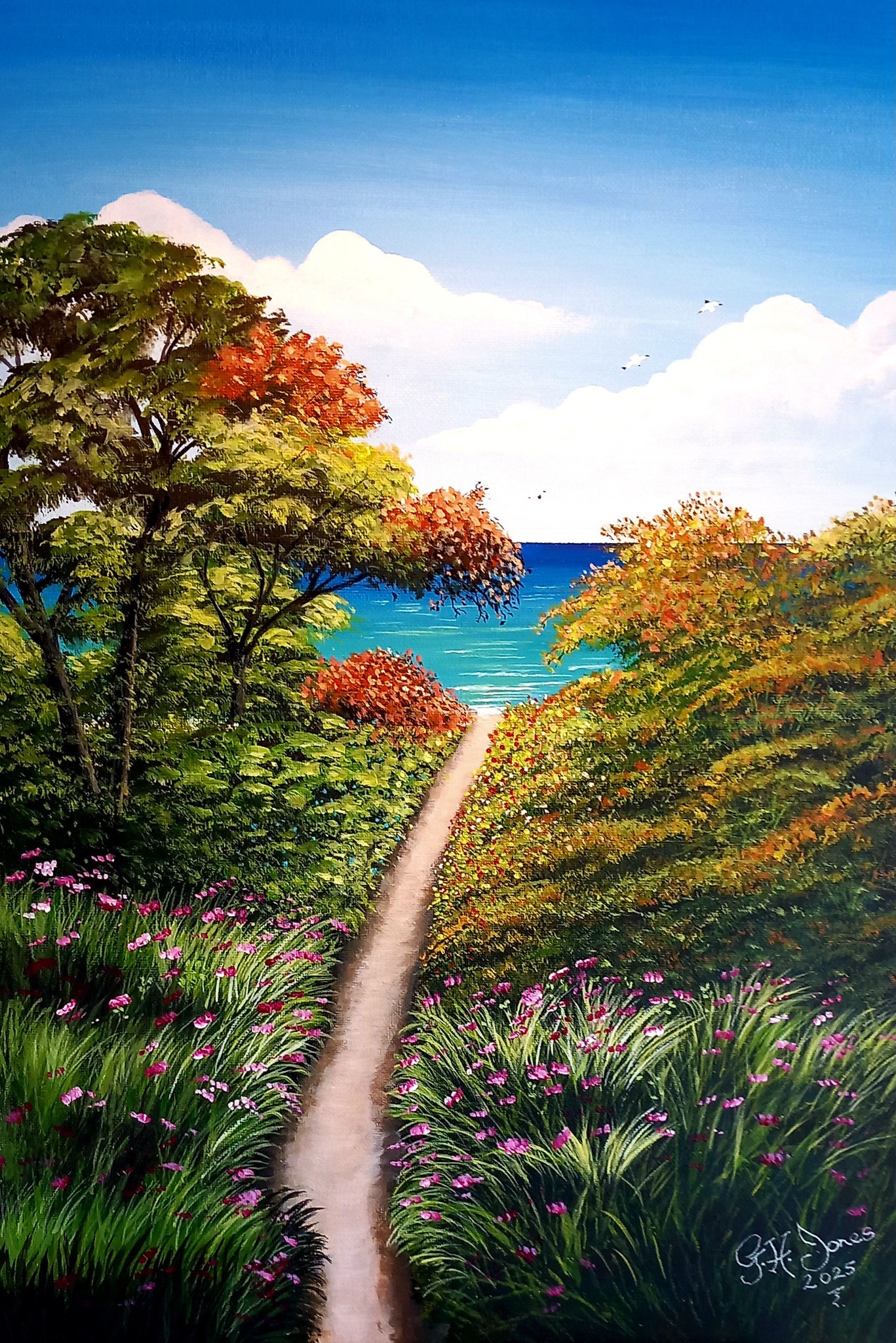 Paradise, original painting in acrylics framed matted signed by artist