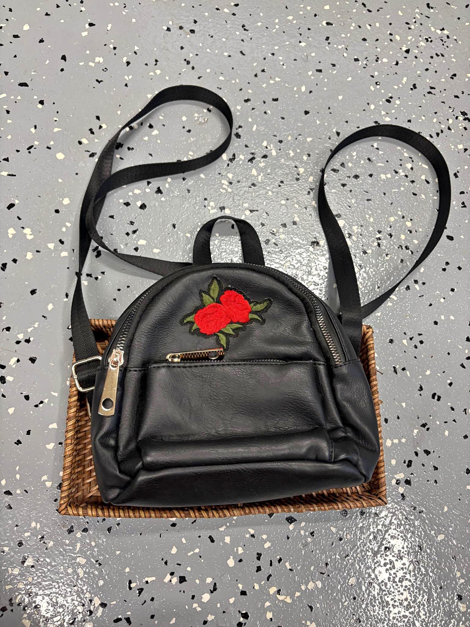 black mini backpack with roses 3D roses Vans Waverly Black & Rose