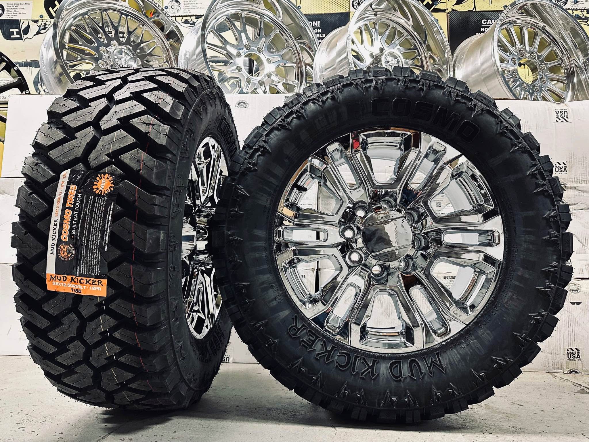 20 inch chrome Denali reps 8x180/8x6.5 with 35/12.50r20 cosmo ...