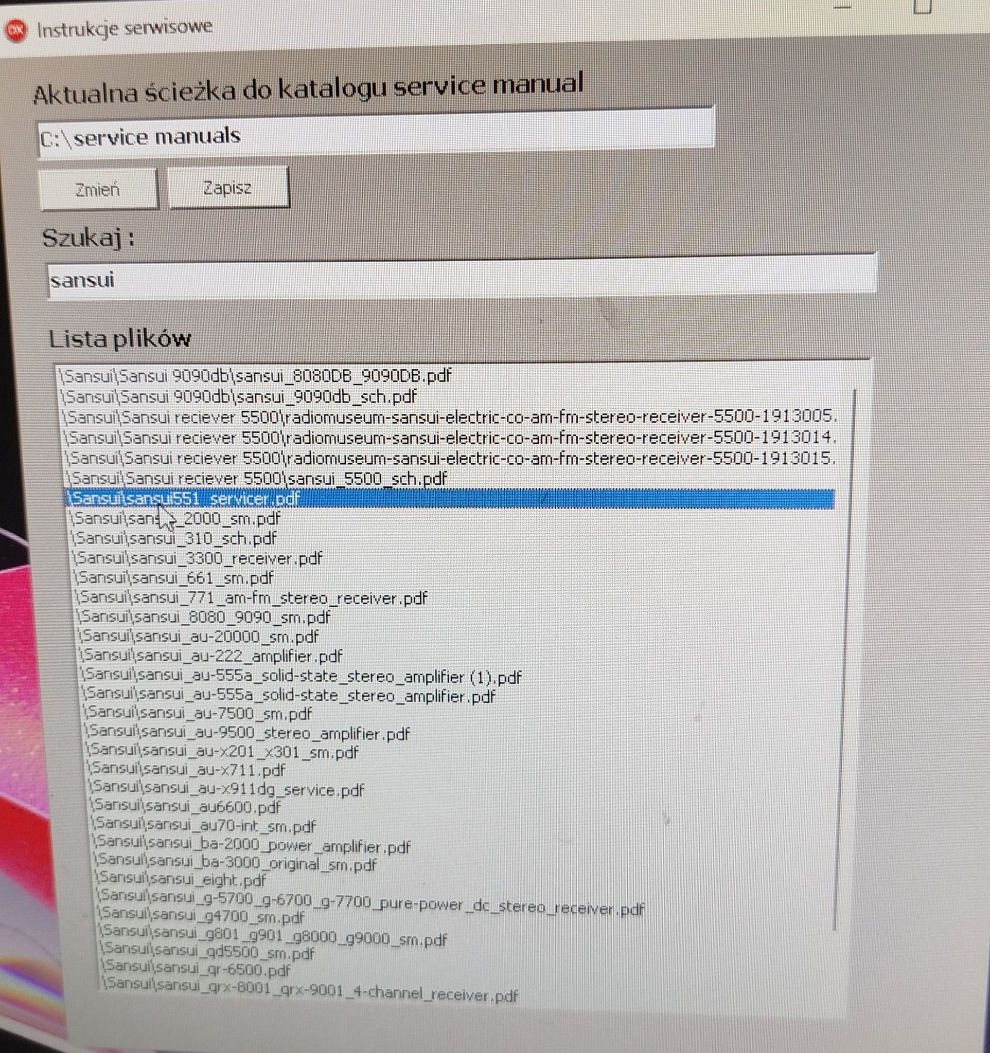 Program for searching service manuals by name
