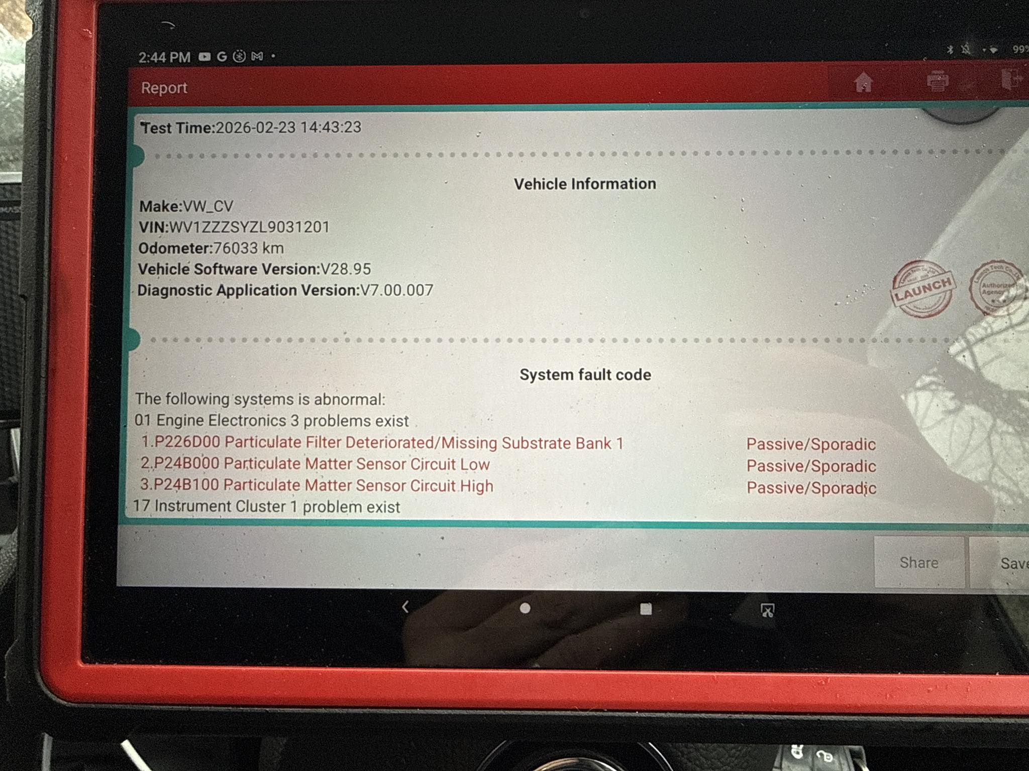 I am unable to delete the fault code 244800 which states the dpf