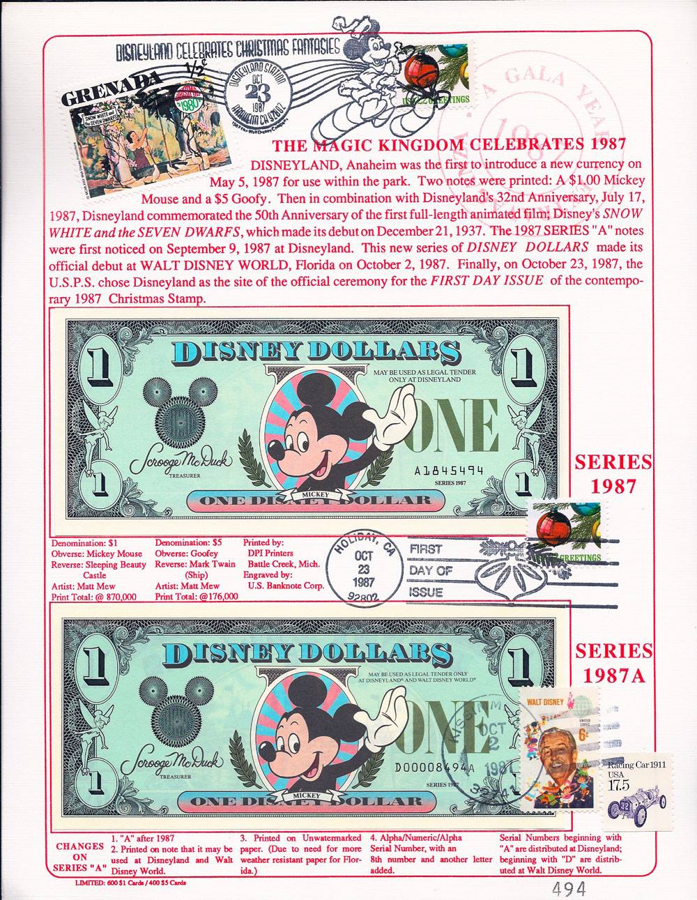 1987 – “Disney Dollars” roll off Mickey's printing press for the