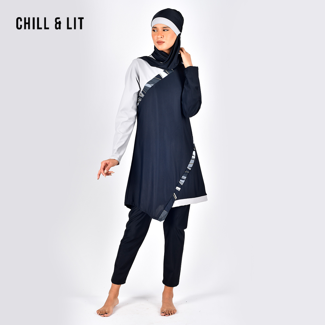 Burkini Avec Voile Intégré Noir Et Bleu - Maillot De Bain Modeste Et Élégant Pour Femme