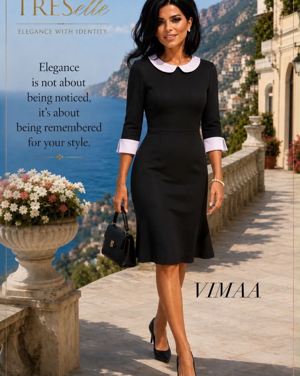Elegant black dress with white collar and timeless accessories