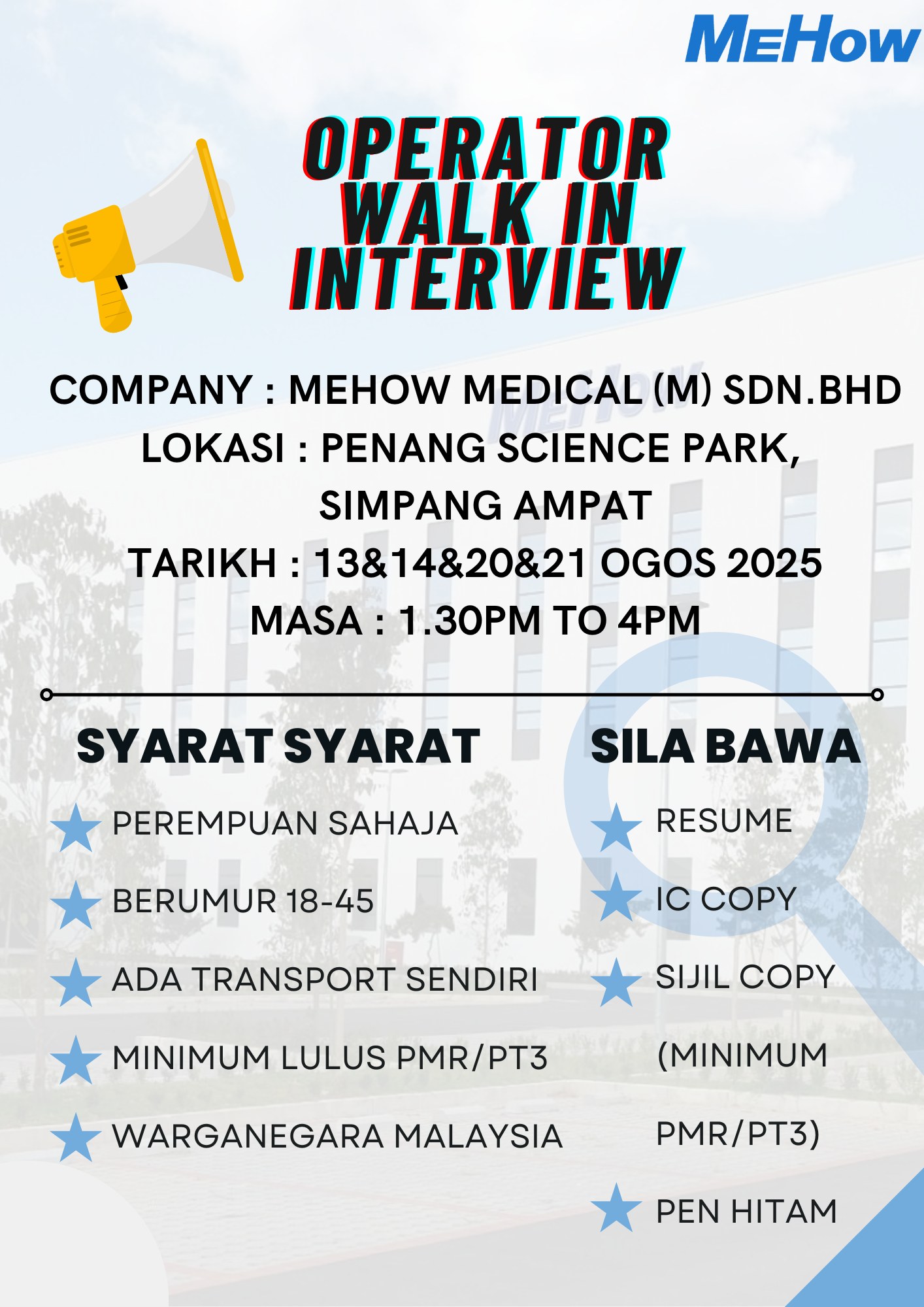Mehow Vacancy - 🚨 TEMUDUGA TERBUKA – JAWATAN OPERATOR 🚨 📍... | Facebook