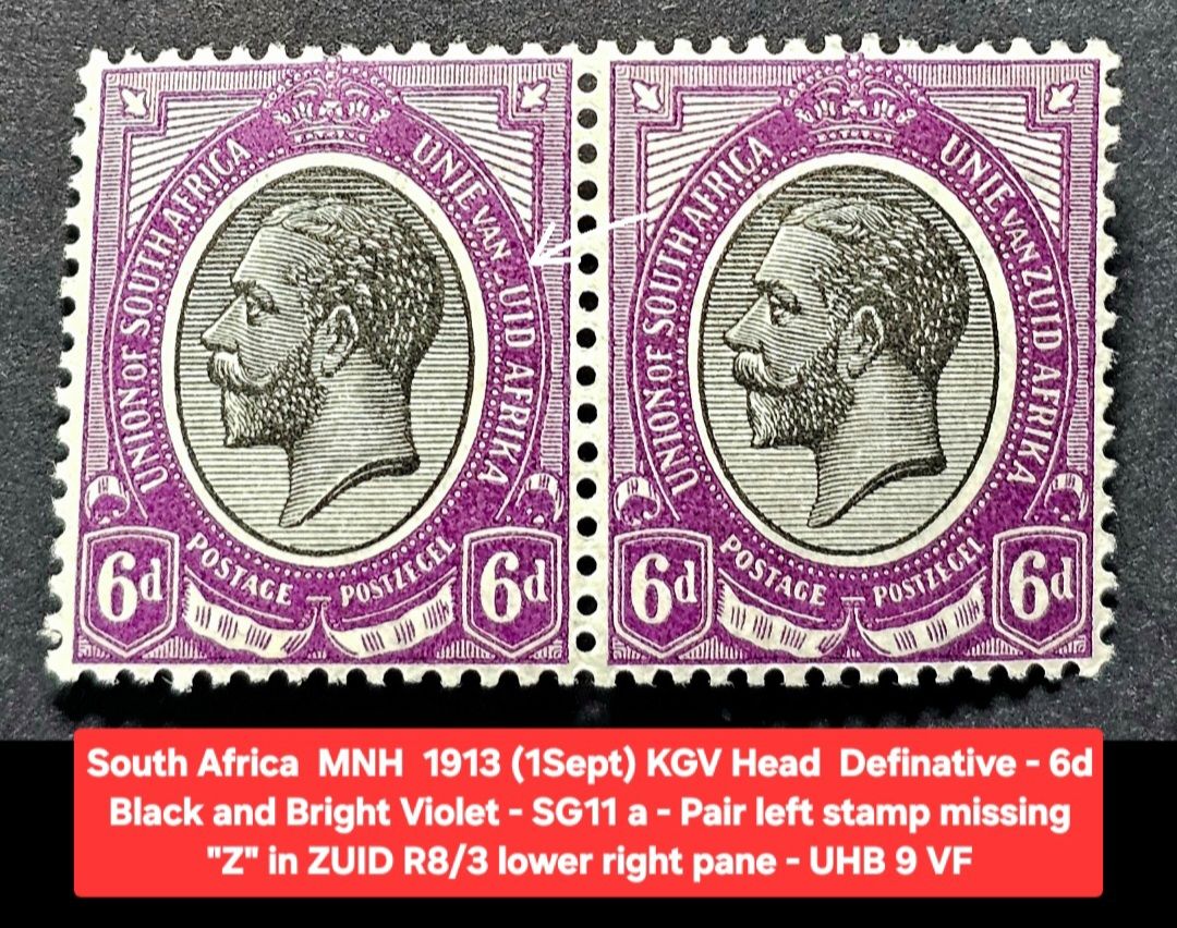 本　南アフリカ 1913 - Kings Head - 6d - SG 11a - Mnh - Pair left stamp missing 