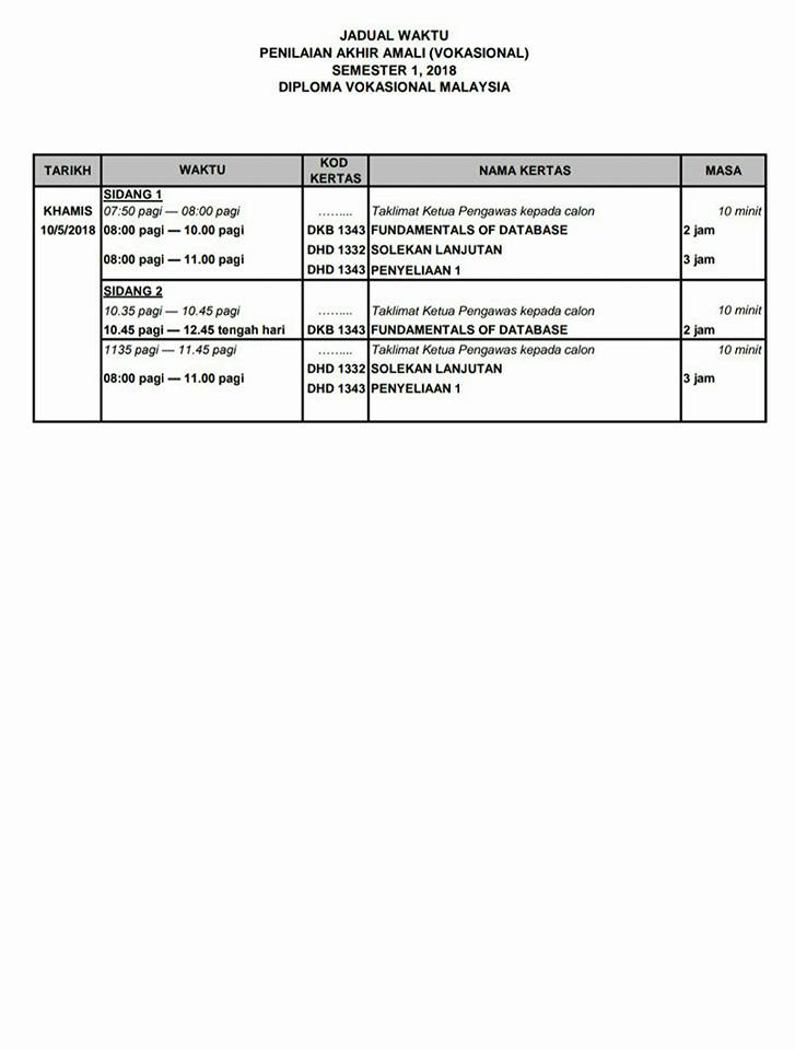 Jadual Official Kolej Vokasional Ert Setapak Facebook