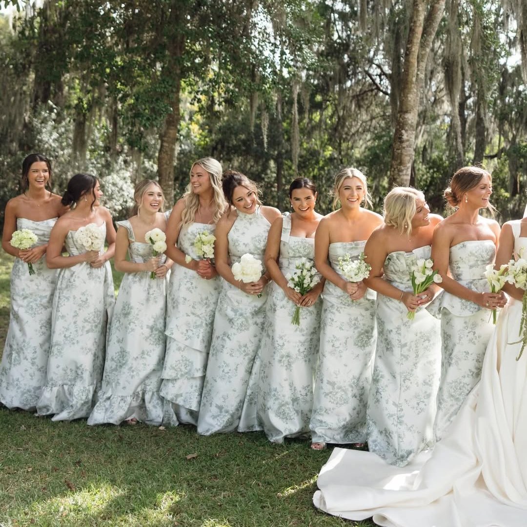 Mix-and-match bridesmaid dresses with cottage rose sage print
