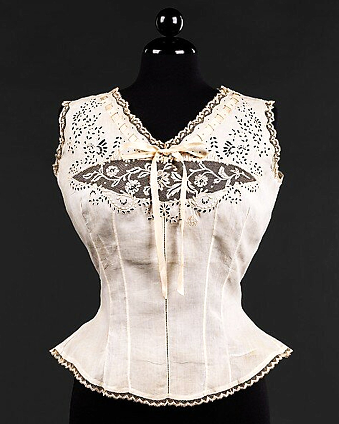 Late Victorian corset cover made with ochre cotton and lace