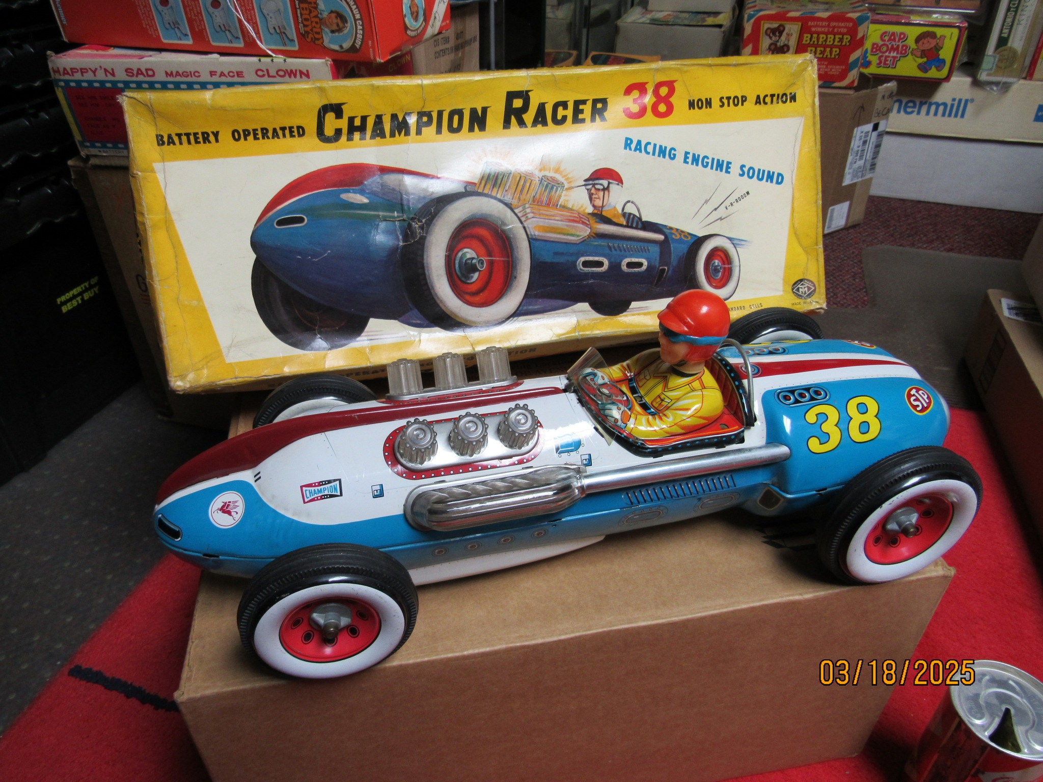 Champion Racer 38 Tin Battery Operated N Mint in Box 18 Inches