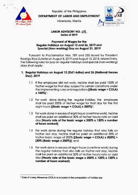 Labor Advisory 09 19 On Payment Of Wages Human Resource